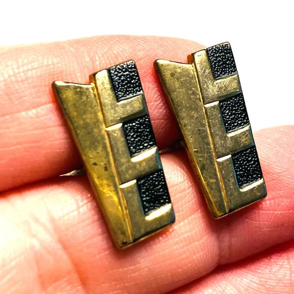 Vintage Atomic Age Cufflinks unique goldtone & textured black geometric FLAW - Picture 4 of 5